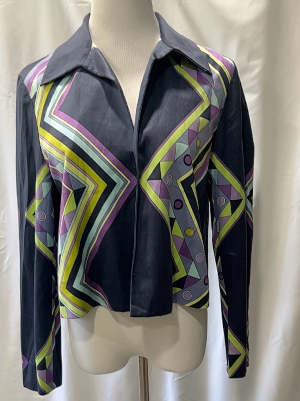 Finity Studio Womens Size 10 Silk Blend Geometric Print Crop Jacket Blazer Top